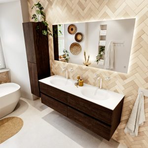 MONDIAZ VICA 150cm badmeubel onderkast Dark Brown 4 lades. Wastafel MOON dubbel 2 kraangaten