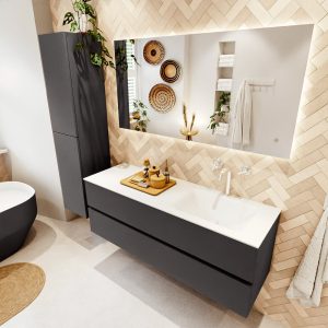 MONDIAZ VICA 140cm badmeubel onderkast Dark Grey 2 lades. Wastafel CLOUD rechts 1 kraangat