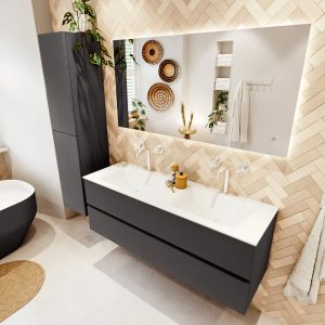 MONDIAZ VICA 140cm badmeubel onderkast Dark Grey 2 lades. Wastafel CLOUD dubbel 2 kraangaten