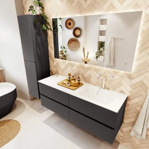 MONDIAZ VICA 140cm badmeubel onderkast Dark Grey 4 lades. Wastafel CLOUD rechts 1 kraangat