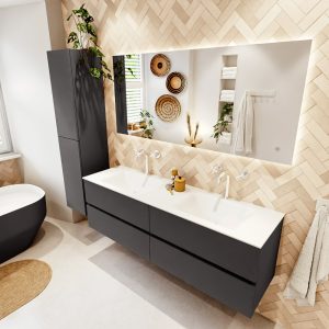 MONDIAZ VICA 160cm badmeubel onderkast Dark Grey 4 lades. Wastafel CLOUD dubbel 2 kraangaten
