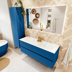 MONDIAZ VICA 130cm badmeubel onderkast Jeans 2 lades. Wastafel CLOUD dubbel zonder kraangat