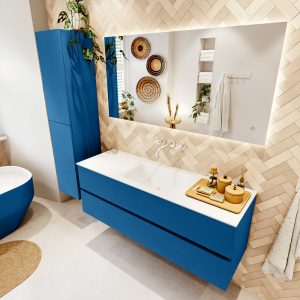 MONDIAZ VICA 140cm badmeubel onderkast Jeans 2 lades. Wastafel CLOUD midden zonder kraangat