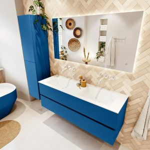 MONDIAZ VICA 140cm badmeubel onderkast Jeans 2 lades. Wastafel CLOUD dubbel zonder kraangat