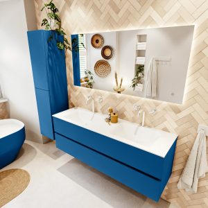 MONDIAZ VICA 150cm badmeubel onderkast Jeans 2 lades. Wastafel CLOUD dubbel 2 kraangaten