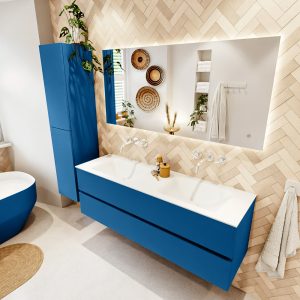 MONDIAZ VICA 150cm badmeubel onderkast Jeans 2 lades. Wastafel CLOUD dubbel zonder kraangat