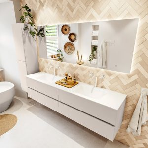 MONDIAZ VICA 200cm badmeubel onderkast Linen 4 lades. Wastafel CLOUD dubbel 2 kraangaten