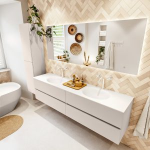MONDIAZ VICA 190cm badmeubel onderkast Linen 4 lades. Wastafel MOON dubbel 2 kraangaten