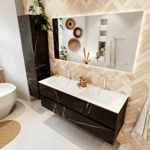 MONDIAZ VICA 140cm badmeubel onderkast Marquina 2 lades. Wastafel CLOUD dubbel 2 kraangaten