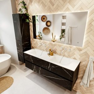 MONDIAZ VICA 150cm badmeubel onderkast Marquina 2 lades. Wastafel CLOUD dubbel zonder kraangat