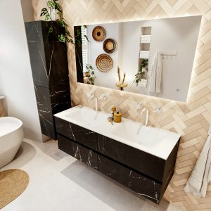 MONDIAZ VICA 140cm badmeubel onderkast Marquina 4 lades. Wastafel CLOUD dubbel 2 kraangaten