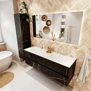 MONDIAZ VICA 150cm badmeubel onderkast Marquina 4 lades. Wastafel CLOUD dubbel 2 kraangaten