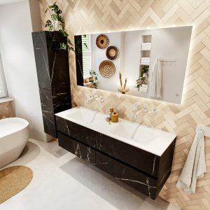 MONDIAZ VICA 150cm badmeubel onderkast Marquina 4 lades. Wastafel CLOUD dubbel zonder kraangat