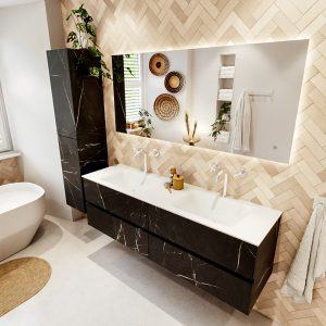 MONDIAZ VICA 160cm badmeubel onderkast Marquina 4 lades. Wastafel CLOUD dubbel 2 kraangaten