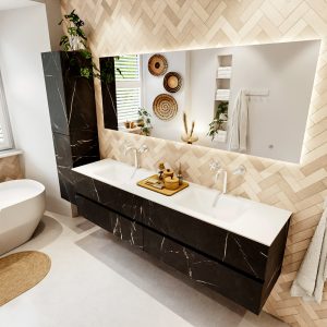 MONDIAZ VICA 190cm badmeubel onderkast Marquina 4 lades. Wastafel CLOUD dubbel 2 kraangaten