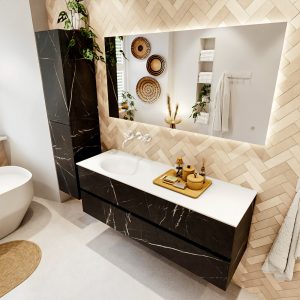MONDIAZ VICA 140cm badmeubel onderkast Marquina 2 lades. Wastafel MOON links zonder kraangat