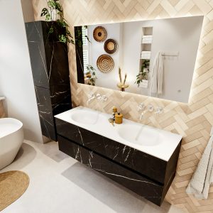 MONDIAZ VICA 140cm badmeubel onderkast Marquina 2 lades. Wastafel MOON dubbel zonder kraangat