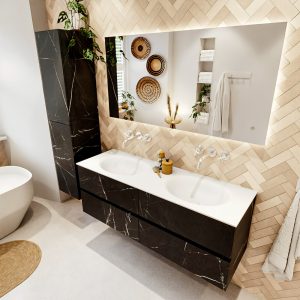 MONDIAZ VICA 140cm badmeubel onderkast Marquina 4 lades. Wastafel MOON dubbel zonder kraangat