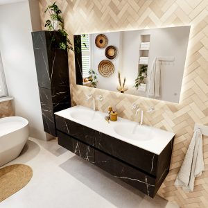 MONDIAZ VICA 150cm badmeubel onderkast Marquina 4 lades. Wastafel MOON dubbel 2 kraangaten