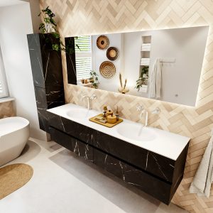 MONDIAZ VICA 190cm badmeubel onderkast Marquina 4 lades. Wastafel MOON dubbel 2 kraangaten