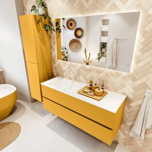 MONDIAZ VICA 130cm badmeubel onderkast Ocher 2 lades. Wastafel CLOUD links zonder kraangat