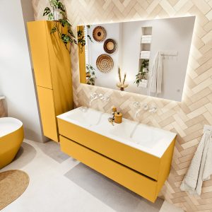 MONDIAZ VICA 130cm badmeubel onderkast Ocher 2 lades. Wastafel CLOUD dubbel zonder kraangat