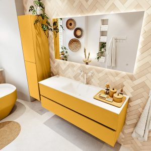 MONDIAZ VICA 140cm badmeubel onderkast Ocher 2 lades. Wastafel CLOUD midden 1 kraangat