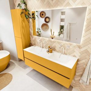 MONDIAZ VICA 140cm badmeubel onderkast Ocher 2 lades. Wastafel CLOUD dubbel 2 kraangaten
