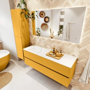 MONDIAZ VICA 140cm badmeubel onderkast Ocher 2 lades. Wastafel CLOUD links zonder kraangat