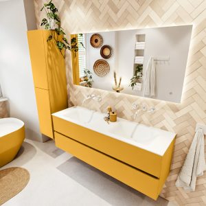 MONDIAZ VICA 150cm badmeubel onderkast Ocher 2 lades. Wastafel CLOUD dubbel zonder kraangat