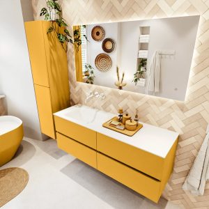 MONDIAZ VICA 140cm badmeubel onderkast Ocher 4 lades. Wastafel CLOUD links zonder kraangat