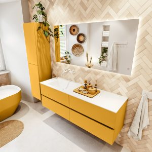 MONDIAZ VICA 150cm badmeubel onderkast Ocher 4 lades. Wastafel CLOUD links zonder kraangat