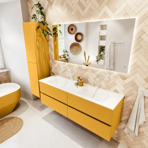 MONDIAZ VICA 150cm badmeubel onderkast Ocher 4 lades. Wastafel CLOUD dubbel zonder kraangat