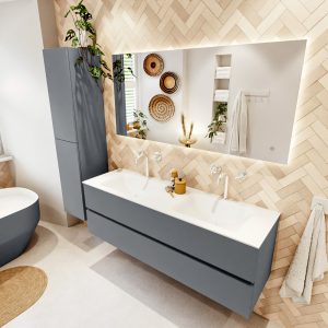 MONDIAZ VICA 150cm badmeubel onderkast Plata 2 lades. Wastafel CLOUD dubbel 2 kraangaten