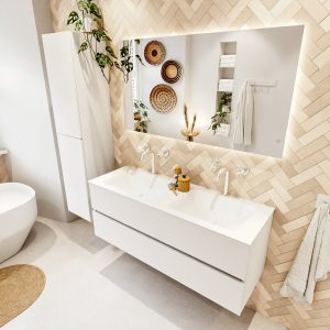 MONDIAZ VICA 130cm badmeubel onderkast Talc 2 lades. Wastafel CLOUD dubbel 2 kraangaten