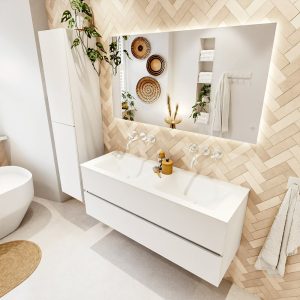 MONDIAZ VICA 130cm badmeubel onderkast Talc 2 lades. Wastafel CLOUD dubbel zonder kraangat
