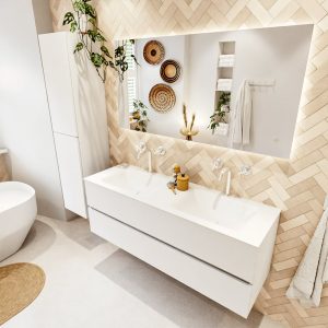 MONDIAZ VICA 140cm badmeubel onderkast Talc 2 lades. Wastafel CLOUD dubbel 2 kraangaten