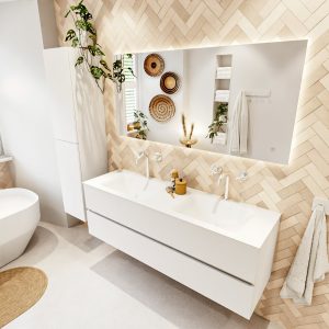 MONDIAZ VICA 150cm badmeubel onderkast Talc 2 lades. Wastafel CLOUD dubbel 2 kraangaten