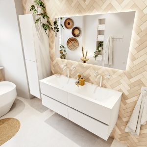 MONDIAZ VICA 130cm badmeubel onderkast Talc 4 lades. Wastafel CLOUD dubbel 2 kraangaten
