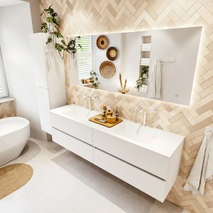 MONDIAZ VICA 180cm badmeubel onderkast Talc 4 lades. Wastafel CLOUD dubbel 2 kraangaten