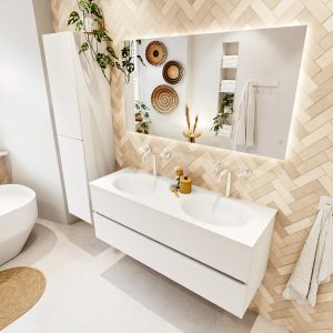 MONDIAZ VICA 130cm badmeubel onderkast Talc 2 lades. Wastafel MOON dubbel 2 kraangaten