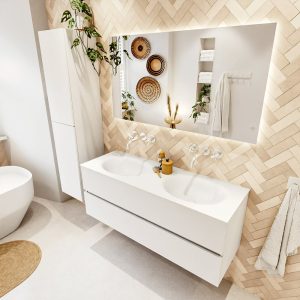 MONDIAZ VICA 130cm badmeubel onderkast Talc 2 lades. Wastafel MOON dubbel zonder kraangat