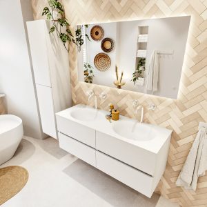 MONDIAZ VICA 130cm badmeubel onderkast Talc 4 lades. Wastafel MOON dubbel 2 kraangaten
