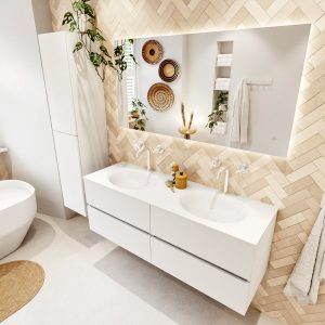 MONDIAZ VICA 140cm badmeubel onderkast Talc 4 lades. Wastafel MOON dubbel 2 kraangaten