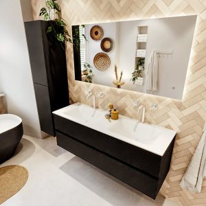 MONDIAZ VICA 140cm badmeubel onderkast Urban 2 lades. Wastafel CLOUD dubbel 2 kraangaten