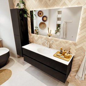 MONDIAZ VICA 140cm badmeubel onderkast Urban 2 lades. Wastafel MOON midden 1 kraangat