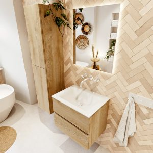 MONDIAZ VICA 60cm badmeubel onderkast Washed Oak 2 lades. Wastafel CLOUD midden zonder kraangat