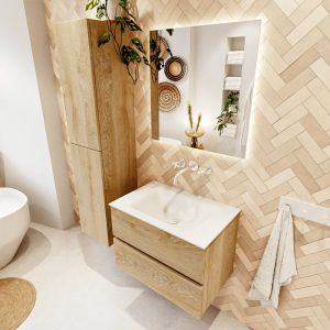 MONDIAZ VICA 70cm badmeubel onderkast Washed Oak 2 lades. Wastafel CLOUD midden zonder kraangat