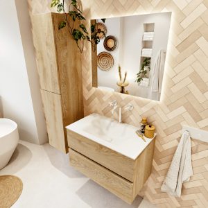 MONDIAZ VICA 80cm badmeubel onderkast Washed Oak 2 lades. Wastafel CLOUD midden 1 kraangat