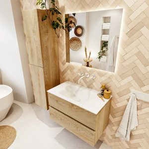 MONDIAZ VICA 80cm badmeubel onderkast Washed Oak 2 lades. Wastafel CLOUD midden zonder kraangat